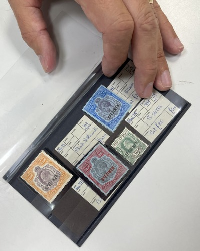 Four King Edward VII high value Straits Settlements overprinted specimen stamps of $500, $100 and two $25 in different designs.