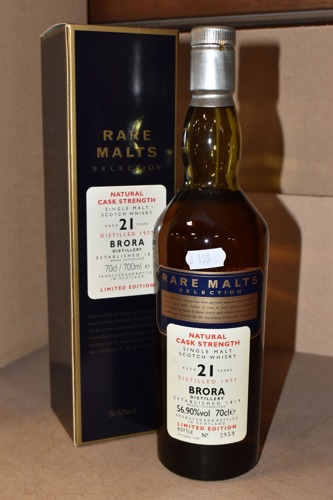 This bottled of Brora natural cask strength Scottish malt whisky, distilled in 1977 and aged 21 years, sold for £750 at auction.