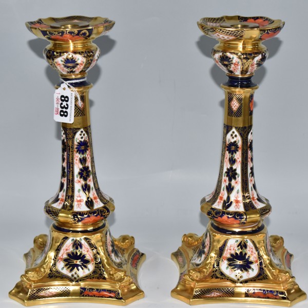Royal Crown Derby Imari 1128 Solid Gold Band Candlesticks Sold £580