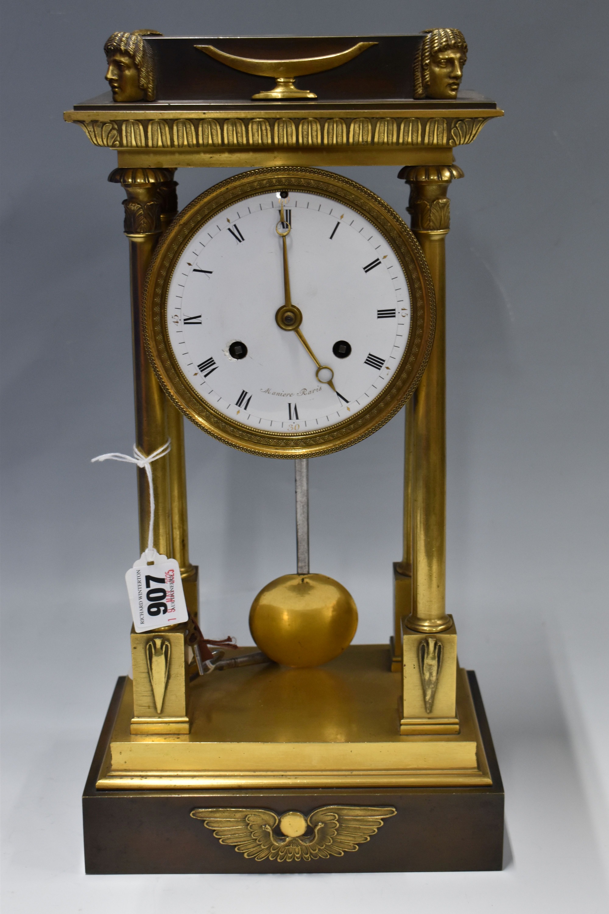 C19th French Egyptian Revival Brass Portico Form Clock Sold £500