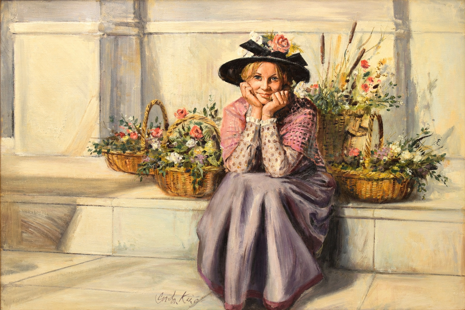 Sunlit Flower Seller On Stone Steps