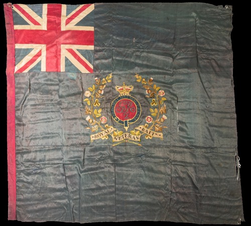 The hand-embroidered silk flag for the 2nd Royal Veterans Battalion dates back to the time of the Napoleonic Wars.