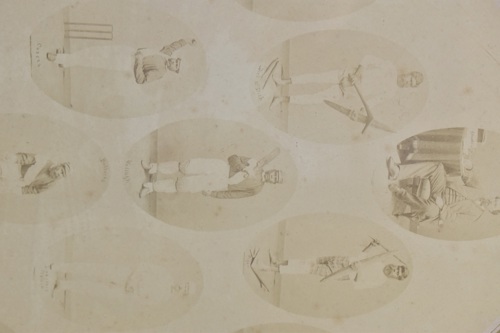Legendary 19th-century all-rounder Johnny Mullagh is pictured centre with Bullocky below and Dick-a-Dick, Cuzens and Twopenny in a vertical row to the left.