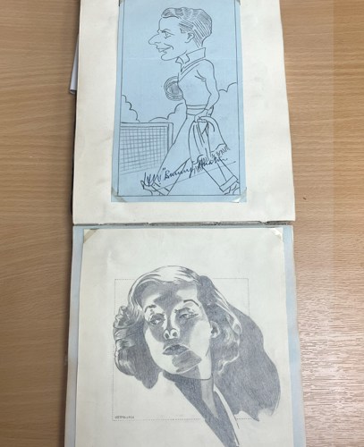 The caricature of and signed by HW ‘Bunny’ Austin, the last British man to reach a Wimbledon Men's Final before Andy Murray, and a drawing of Katharine Hepburn.
