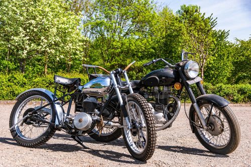 Left: The 1952 DOT T.D. scrambler and, right, the ex-Indian Army military Royal Enfield Bullett motorcycle.
