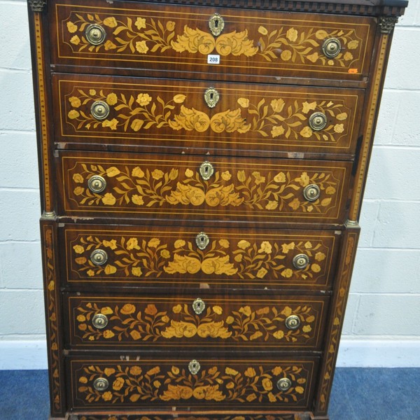 C19th Dutch Mahogany And Satinwood Marquetry Chest Of Drawers Sold £400