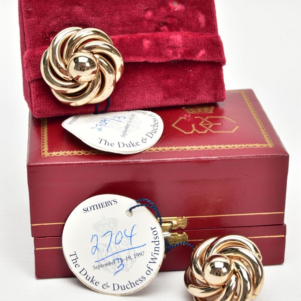 Duchess Of Windsor Pair Of Bergere Gold Plated Clip On Earrings In WE Wallis And Edward Case Sold £500