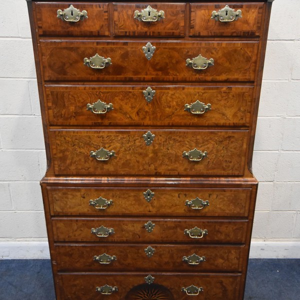 George I Style Burr Veneer, Walnut, Fruitwood And Crossbanded Secretaire Chest On Chest Sold £3,200