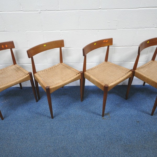 Arne Hovmand Olsen For Mogens Kold Four Danish Teak Rush Seated Chairs Sold £460