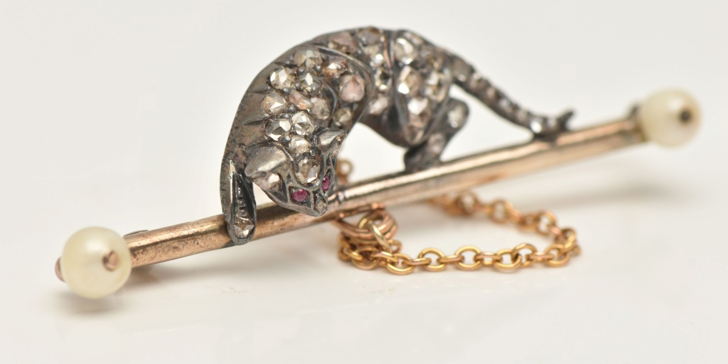 Late C19th Victorian Diamond And Pearl Cat Brooch Sold £520