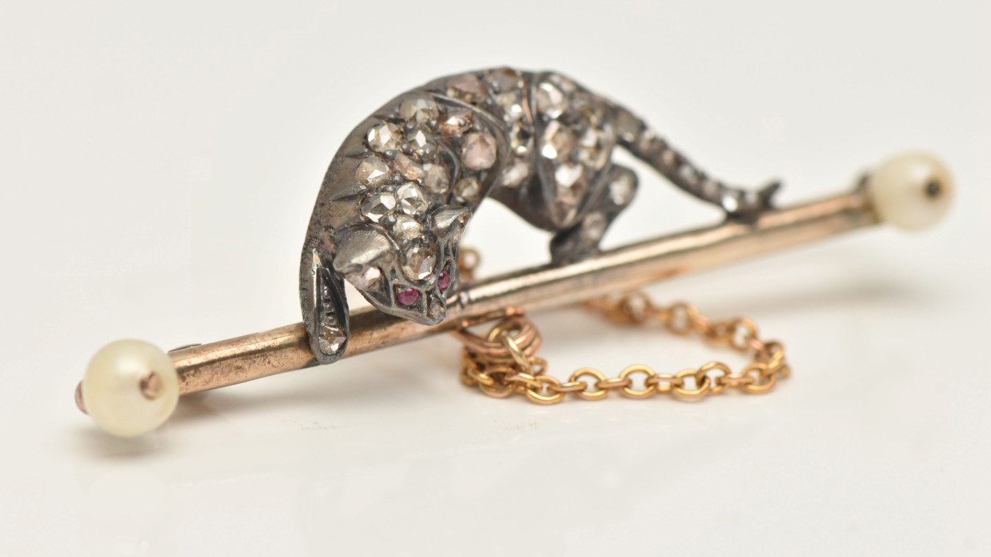 Late C19th Victorian Diamond And Pearl Cat Brooch Sold £520