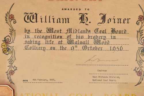 Mr Joiner’s National Coal Board Certificate of Bravery.