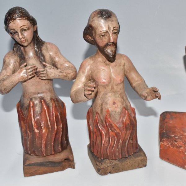 Four Polychrome Wooden Religious Sculptures Inc Purgatory Poor Soul Figures Sold £460