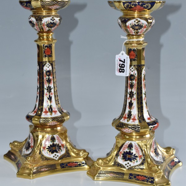 Pair Of Royal Crown Derby Imari 1128 Solid Gold Band Candlesticks Sold £500
