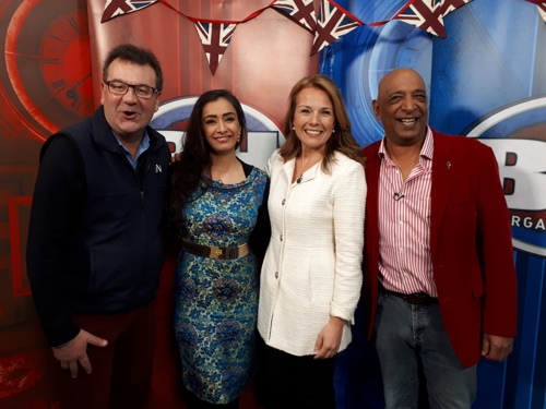 Auctioneer Richard Winterton pictured with Christina Trevanion, Roo Irvine and Raj Bisram during filming a special episode of Bargain Hunt in 2023 to mark the coronation of King Charles III.