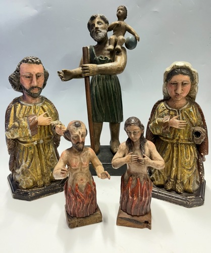 Continental sculptures including two poor soul purgatory statuettes, pictured front.