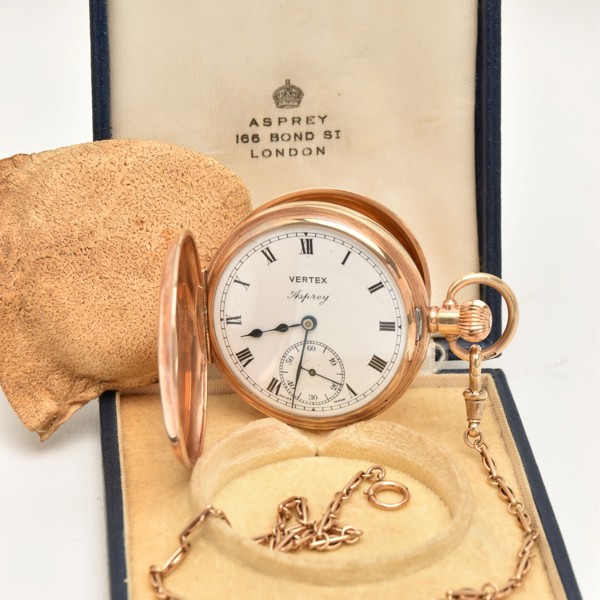 9Ct Vertex For Asprey Half Hunter Pocket Watch With 9Ct Albert Chain And Fitted Case Sold £1,150