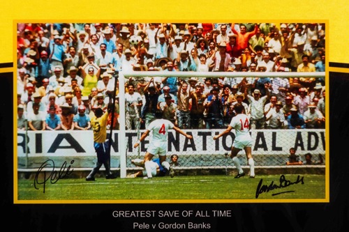 The ‘Greatest Save Of All Time’, Brazil v England June 7 1970, signed by Pelé and Banks.