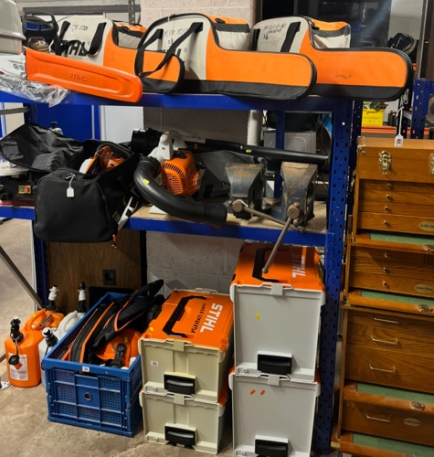Stihl tools including petrol chainsaws.