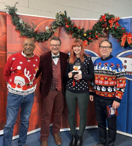 Raj Bisram, Richard Winterton, Izzie Balmer and Eric Knowles filming the Christmas episodes at The Lichfield Auction Centre.