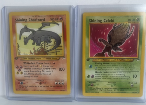 Left: Neo Destiny Shining Charizard 107/105 and Shining Celebi.