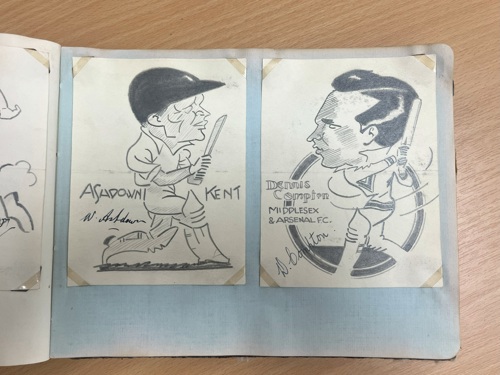 Caricatures signed by cricketers Bill Ashdown and Dennis Compton.