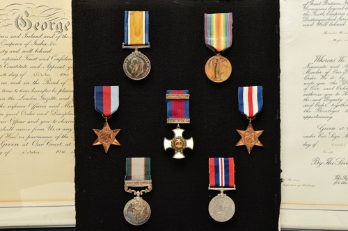 Harold Merton’s medals. Top row: British War and Victory medals named to Captain HH Merton; middle row: 1939-45 Star, Distinguished Service Order and France and Germany Star; bottom row: India General Service medal with North West Frontier Bar 1936-37 correctly named Captain HH Merton and WW2 War Medal.