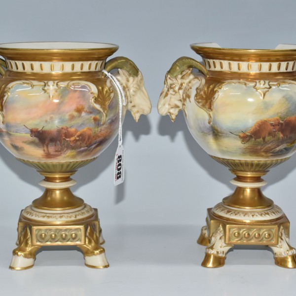 Pair Of Royal Worcester Pedestal Vases Decorated By Harry Stinton Sold £1,000