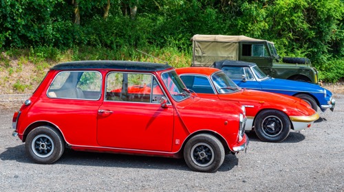 The Innocenti Mini Cooper, Lotus Elan Sprint FHC, MG B and Series One Land Rover.