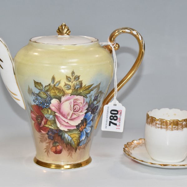 Aynsley Cabbage Rose And Poppy Gold Coffee Pot And C19th Cup And Saucer Sold £750