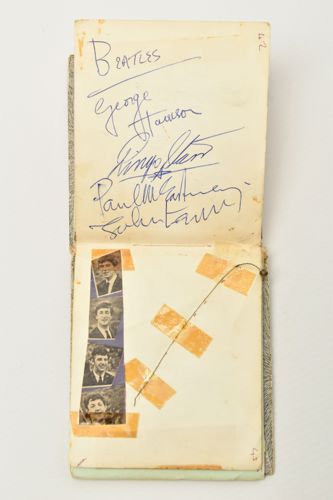 John Lennon, Paul McCartney, George Harrison and Ringo Starr signed after a gig in 1963. Affixed next to the autographs is George’s guitar string whihc broke that same night.