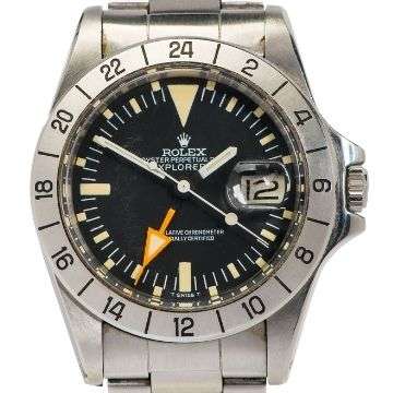 Monday 5th July 2021 The 1973 stainless steel Rolex Explorer II has a distinctive orange 24 hour hand, originally intend to help the intrepid wearer keep track of day and night in lieu of the sun.