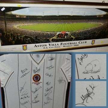 Lot 568 includes a print showing Aston Villa in the FA Cup final at the old Wembley Stadium in 2000. The 1982 European Cup football shirt is autographed with 19 signatures including those of winning goal-scorer Peter Withe and substitute goalie Nigel Spink (inset).