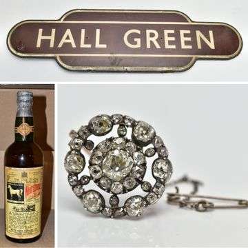 Hammer highlights: A vintage British Rail ‘totem’ station sign for Hall Green, sold £900; Georgian diamond cluster brooch, sold £2,600; and a very rare bottle of White Horse Cellar whisky, sold £500.