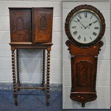 This Flemish cabinet sold at £900. Inset: A Victorian wall clock, sold at £800.