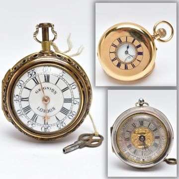 The George lll pair cased pocket watch which sold at £1,900. Inset: Top, an 18ct gold half hunter, sold at £1,800, and the George lll silver 'Oignon' pair case, sold at £1,350.