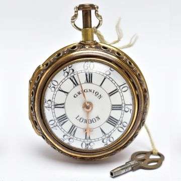 Sold £1,900: A gilded brass George lll pair cased quarter repeater verge pocket watch by Daniel & Thomas Grignion, circa 1760.