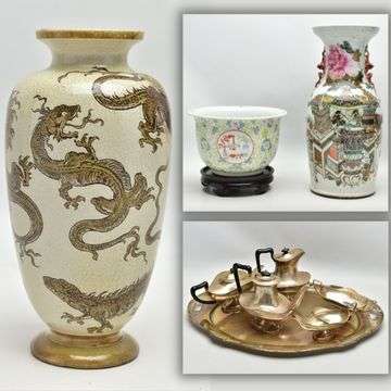 The Martin Brothers stoneware vase, sold at £2,000. Inset: Top, the Chinese Porcelain twin-handled vase sold at £900 and the George V silver tea set, sold at £1,900.