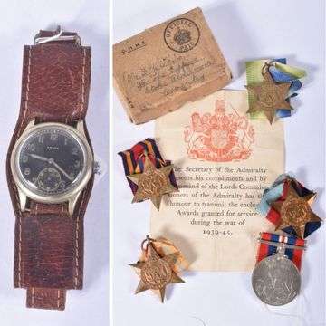 Left: Lot 353, a vintage hand-wound German Army Helma wristwatch. Lot 311: A boxed set of WWII Royal Navy medals including a 1939-1945 Star and War medal, the Atlantic Star, Burma Star and Africa Star with a North Africa 1942-1943 bar.