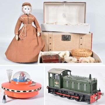Clockwise from top: Lot 77, a French fashion doll circa 1870; Lot 187, a Bachman Brassworks O gauge Drewry Class 04 shunter; and Lot 113, a Yoshiya KO Toys battery operated tinplate spaceship.
