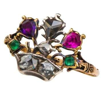 This gold Georgian multi-gem set ‘Giardinetti’ – Italian for small garden’ – ring is designed as a basket of flowers set with diamonds, amethyst, emerald and ruby. Discovered during a routine valuation, the ring sold at auction for £1,450.