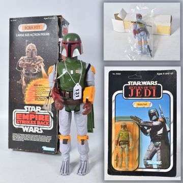 Boba Fett triple threat: Lot 131 is a 35cm tall boxed Kenner Boba Fett figure released to tie in with the cult character’s debut in The Empire Strikes Back (main photo). Inset top, a 1979 sealed ‘Mail-away’ Boba Fett figure, Lot 149 and one of three in the auction. Inset, a 1983 Kenner figure of Fett tying in with Return Of The Jedi (Lot 120).