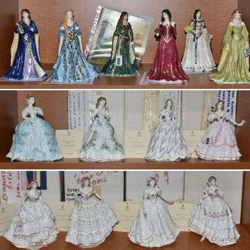 Top row: These Royal Worcester Peter Holland Celtic figures sold at £640. Eight Royal Worcester Romance Of Victorian era figurines sold at £600.