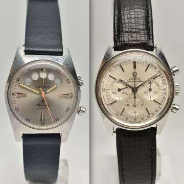 Left 1970s Aquastar Regate wristwatch with regatta countdown timer sold £700 Right Omega Seamaster chronograph sold £2,500