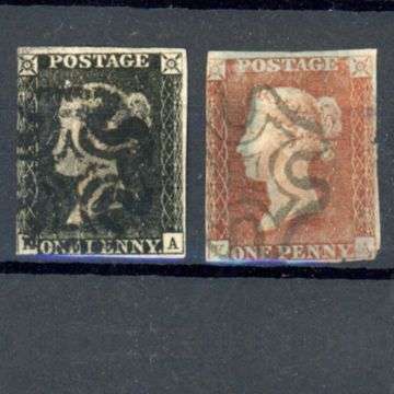 A matched pair of a Penny Black and an early Penny Red from the same plate.