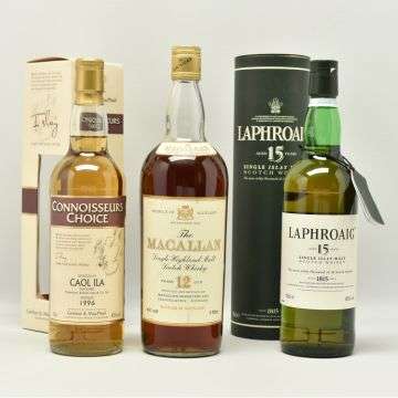 From left: Connoisseurs Choice Caol Ila, one litre bottle of The Macallan 12 year old for export and 15 year old Laphroaig Single Islay Malt.