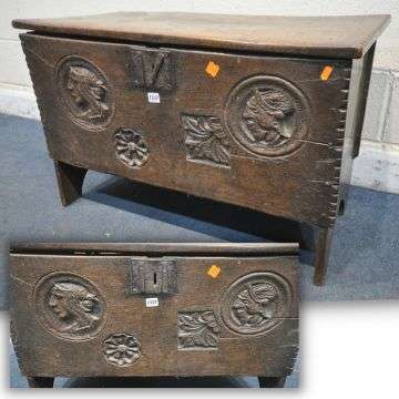 Six plank oak boarded chest with carvings sold £5,000