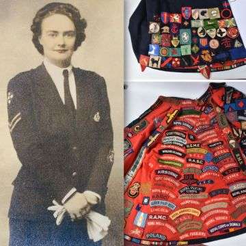 Jess Winifred Carey served in the Voluntary Aid Detachment during WW2. Inset: The collection of cloth badges is so vast that it covers almost every panel of the garment inside and out and is a fascinating insight into how many different forces Jess encountered.