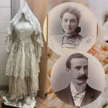 At Auction: Edwardian Silk & Lace Wedding Gown with Silk Bows & Attached  Detail