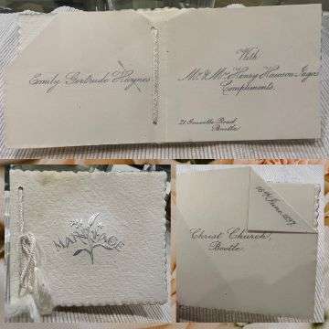 The couple’s wedding card. The garments have been consigned by the bride’s granddaughter, who lives in Repton, Derbyshire.<br/><br/>“My grandmother, who was known to us by her middle name Gertrude, came from a typical middle-class Victorian family,” she said.<br/><br/>“She had three older sisters, none of whom married.<br/><br/>“They apparently led quite genteel lives, largely spent sewing lace and crocheting – probably all the lace and crocheted collars and cuffs I brought in will have been sewn by them.<br/><br/>“It seems Henry – who was known as Harry – and Gertrude’s marriage was extremely happy and they had four sons, my father being the youngest and born in 1908.”<br/><br/>Harry was a postmaster and the family moved from Liverpool to Yorkshire, then to Shanklin on the Isle of Wight, and then to Stranraer, in Dumfries and Galloway, Scotland.<br/><br/>But tragedy struck when, in 1921, Harry developed appendicitis.<br/><br/>The emergency operation to remove his appendix was carried out on the kitchen table and he subsequently developed an infection, dying at the age of 52.<br/><br/><img class=